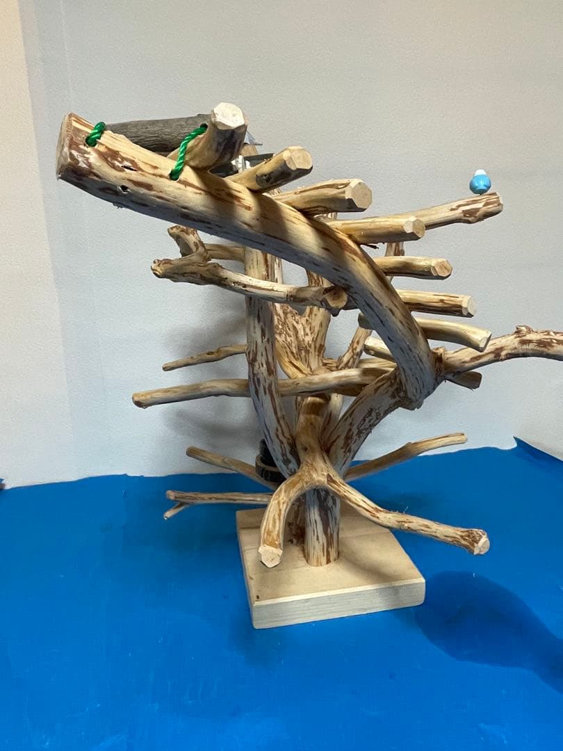 天然木製 鳥用止まり木 中型用 食器付き