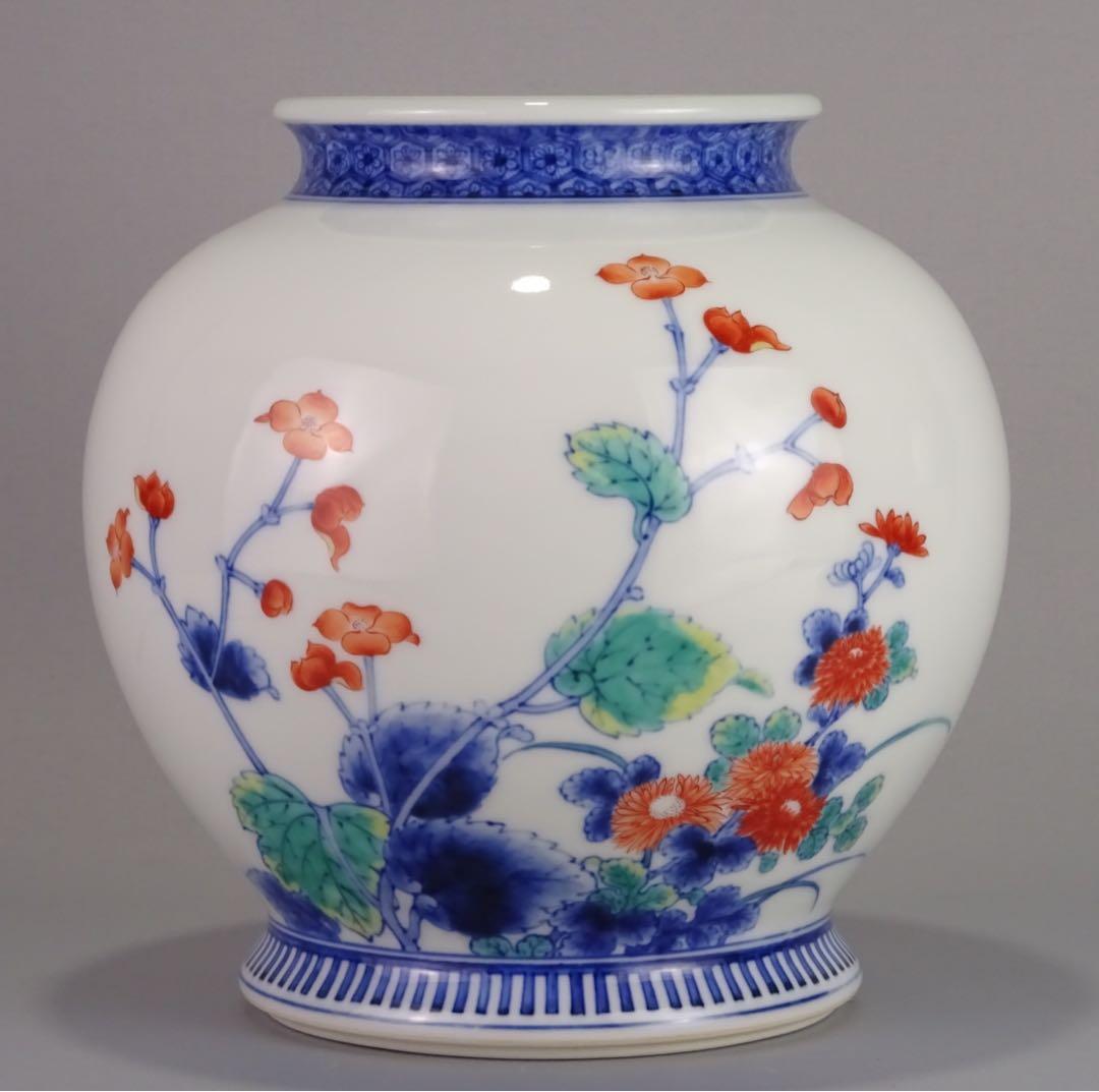 名工　十二代　今泉今右衛門　秀逸作　色鍋島　芙蓉文　花瓶　地文縁　壷　花入　花器