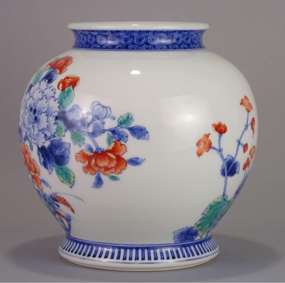 名工　十二代　今泉今右衛門　秀逸作　色鍋島　芙蓉文　花瓶　地文縁　壷　花入　花器