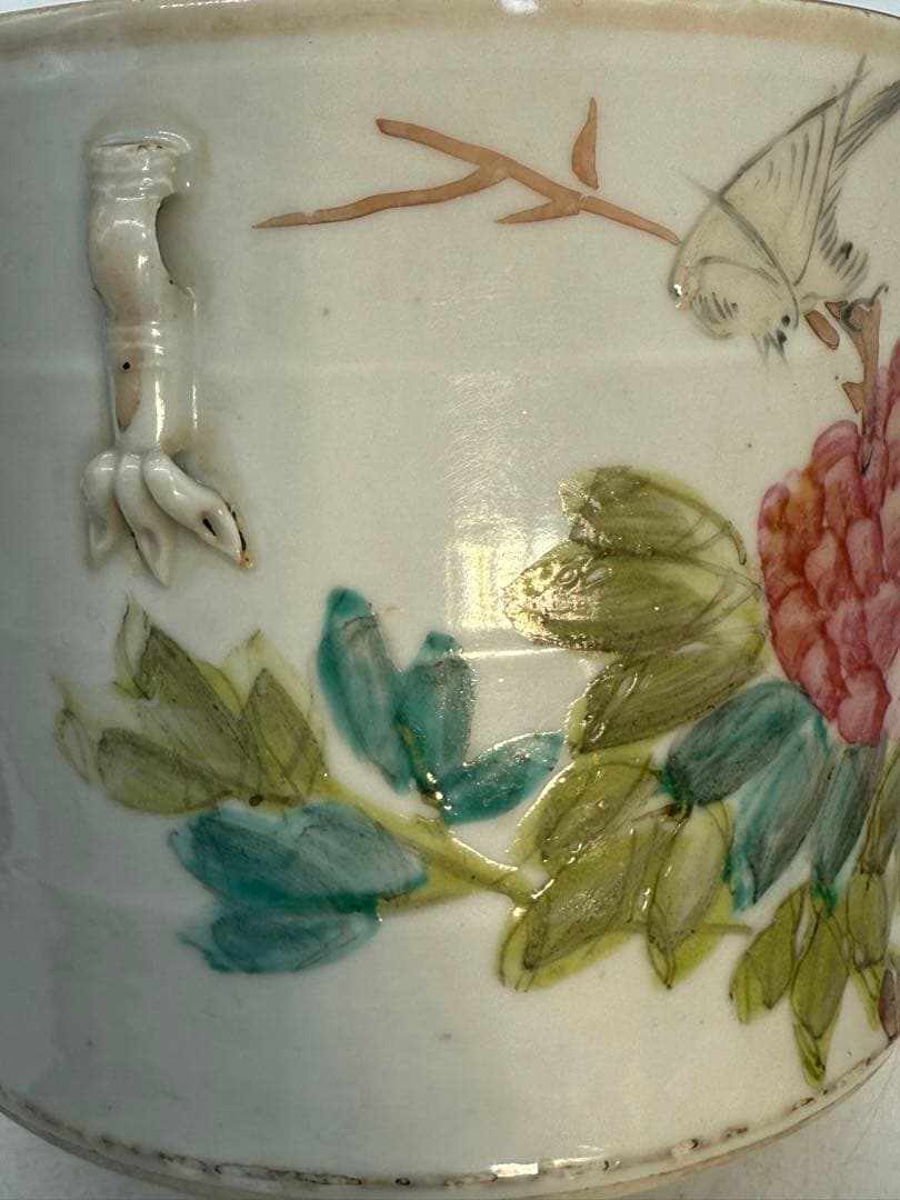 中国　清時代　浅絳彩　同治年製　花鳥紋水指　アンティーク　送料込み251208