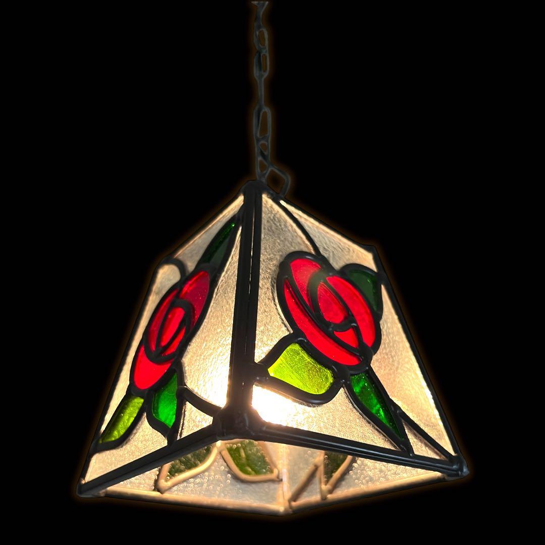 鸛《美品》アンティーク雑貨 昭和レトロ ステンドグラス 薔薇 ペンダントライト
