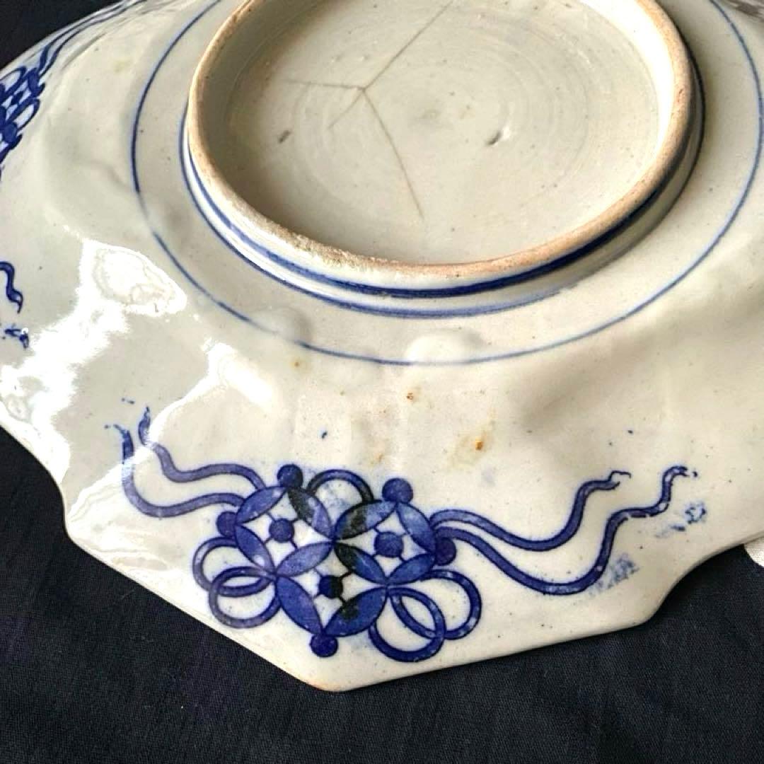 骨董　明治印判皿　鶴亀吉祥図菱皿　変形皿