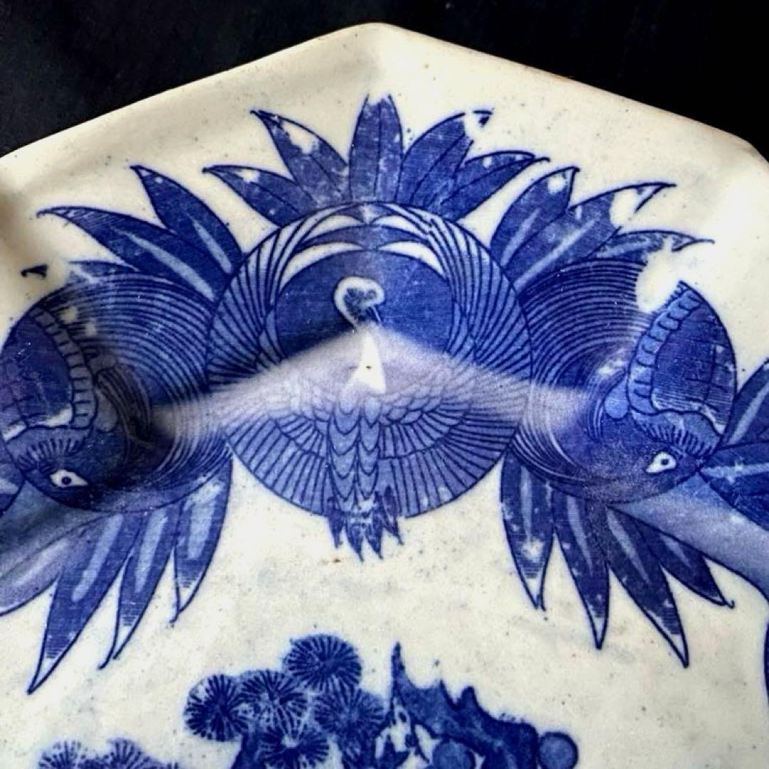 骨董　明治印判皿　鶴亀吉祥図菱皿　変形皿