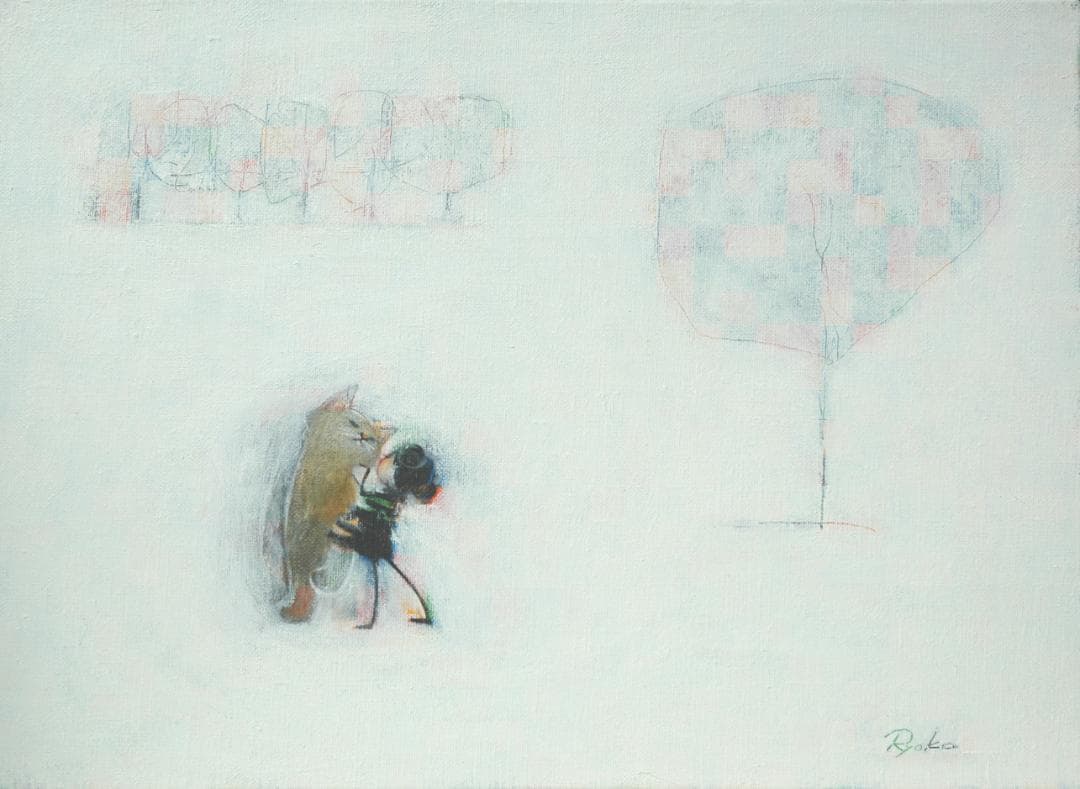 油絵 菅家令子絵 絵画インテリア額付(青緑＋金色の枠)F4-090818猫犬女子