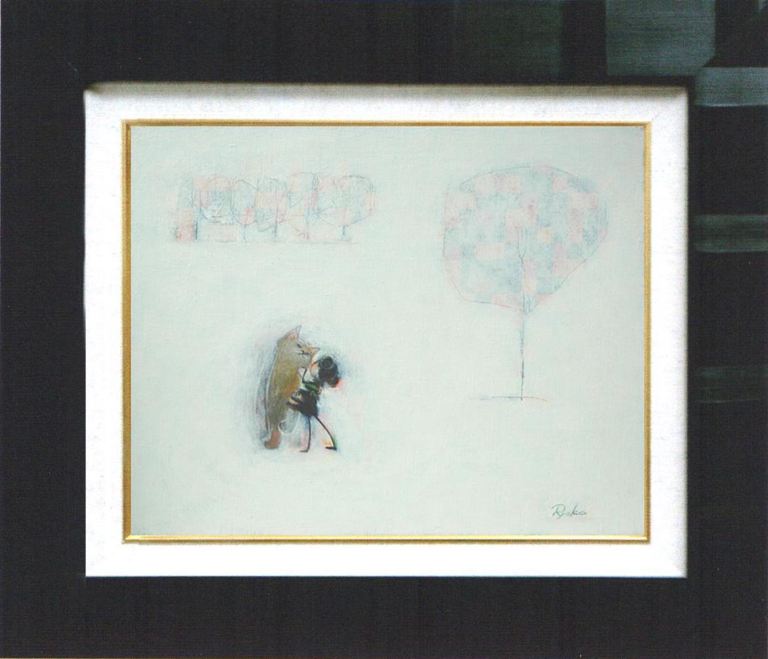 油絵 菅家令子絵 絵画インテリア額付(青緑＋金色の枠)F4-090818猫犬女子