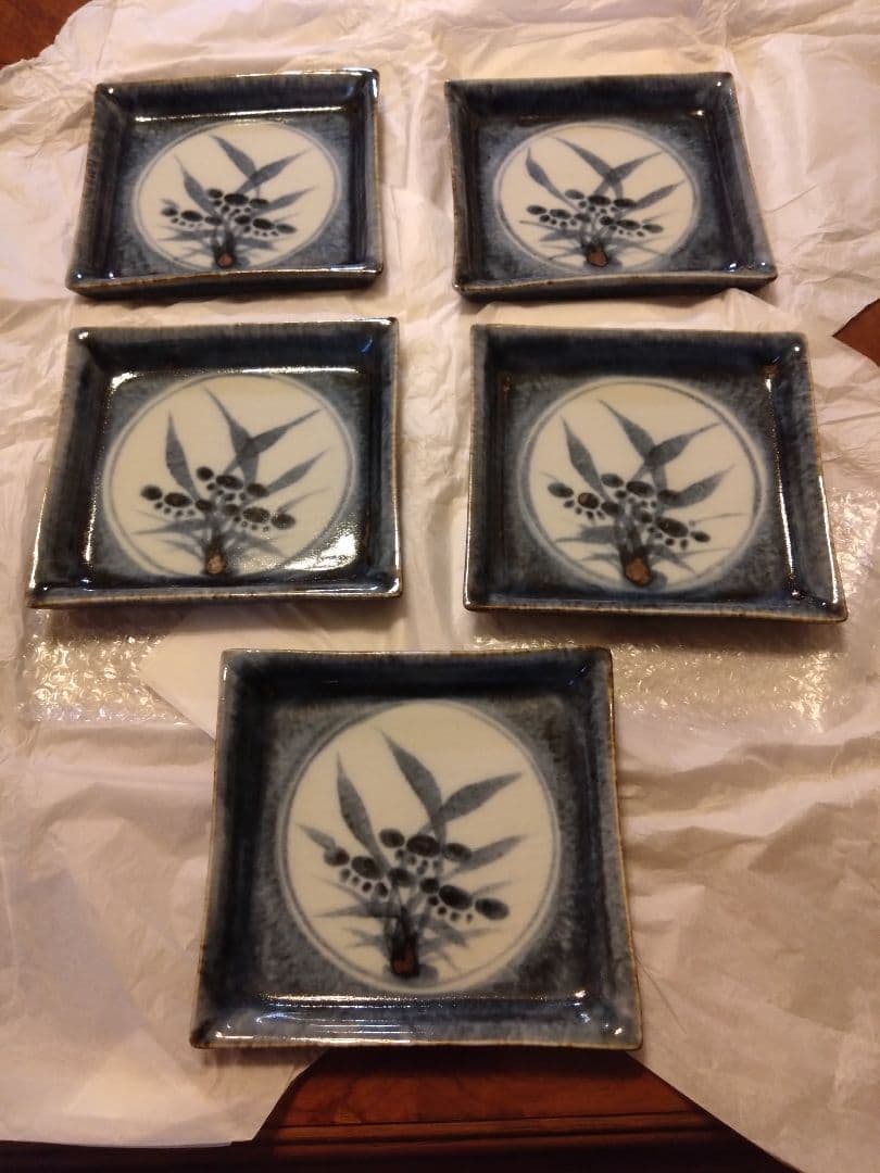 河井久★ 花紋角皿 角鉢 藍 5枚セット 民藝