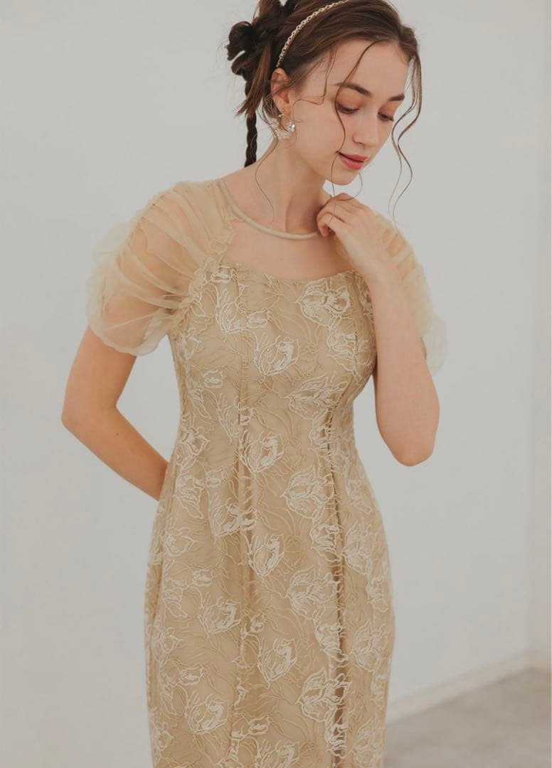 【新品未使用】Dorry DollフラワーチュールギャザーパフドレスMイエロー