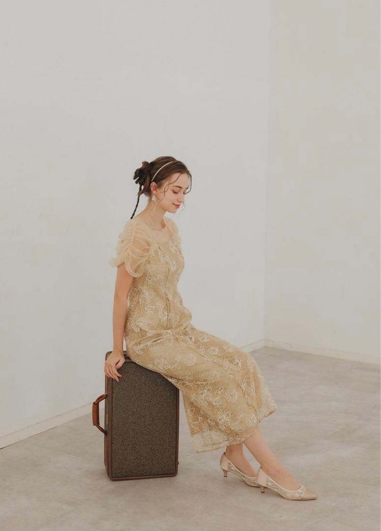 【新品未使用】Dorry DollフラワーチュールギャザーパフドレスMイエロー