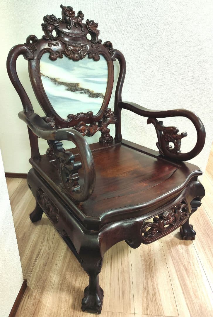 希少中華骨董　 大理石インレイ椅子　玉座　宮廷　紅木　紫檀　黒檀　花梨　李朝②