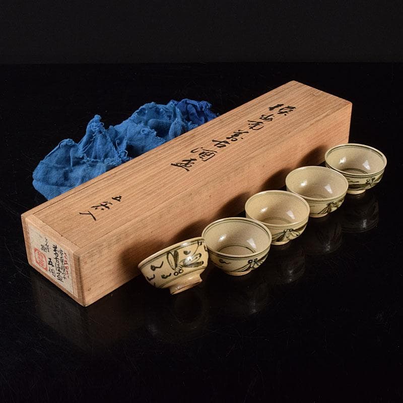 萬古焼　安南模写　蜻蛉絵　酒盃　煎茶器　五客　時代箱付　V　R4747