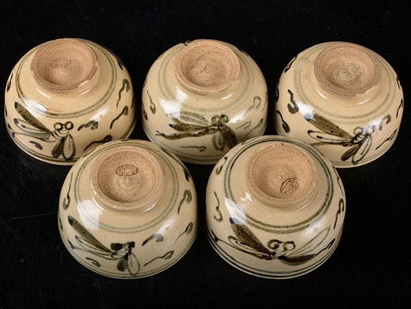 萬古焼　安南模写　蜻蛉絵　酒盃　煎茶器　五客　時代箱付　V　R4747