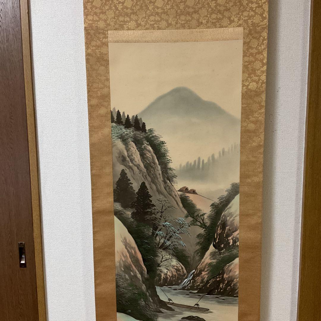 富田頼渓 絹本彩色画山水図 表具絹本共概ね良好 桐合箱