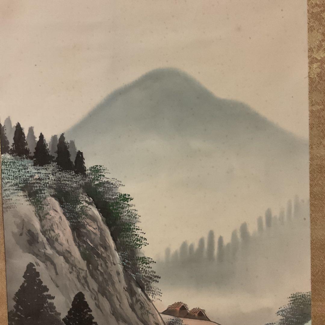 富田頼渓 絹本彩色画山水図 表具絹本共概ね良好 桐合箱