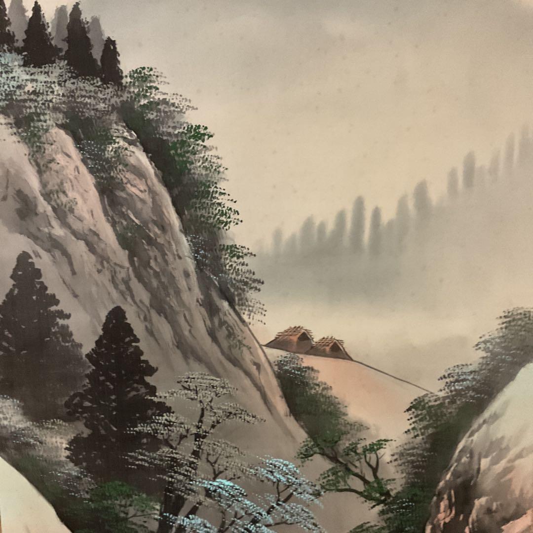 富田頼渓 絹本彩色画山水図 表具絹本共概ね良好 桐合箱