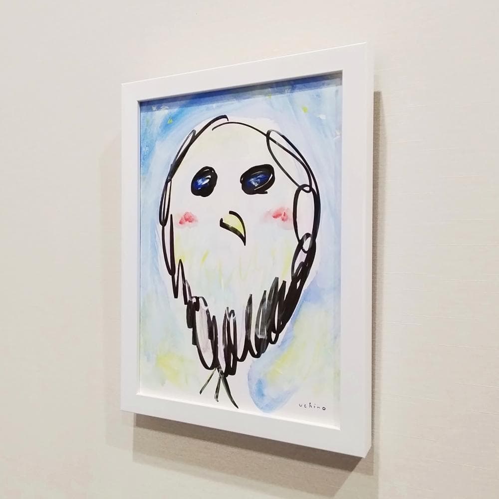 内野隆文　夜のフクロウ　絵画　ドローイング　素描　梟　カワイイ　額付　真作