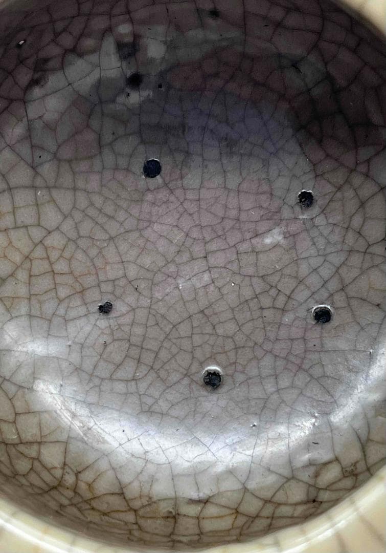 宋時代　青磁　汝官窯包金氷裂紋 支釘焼き 双耳三足香炉(C-81)