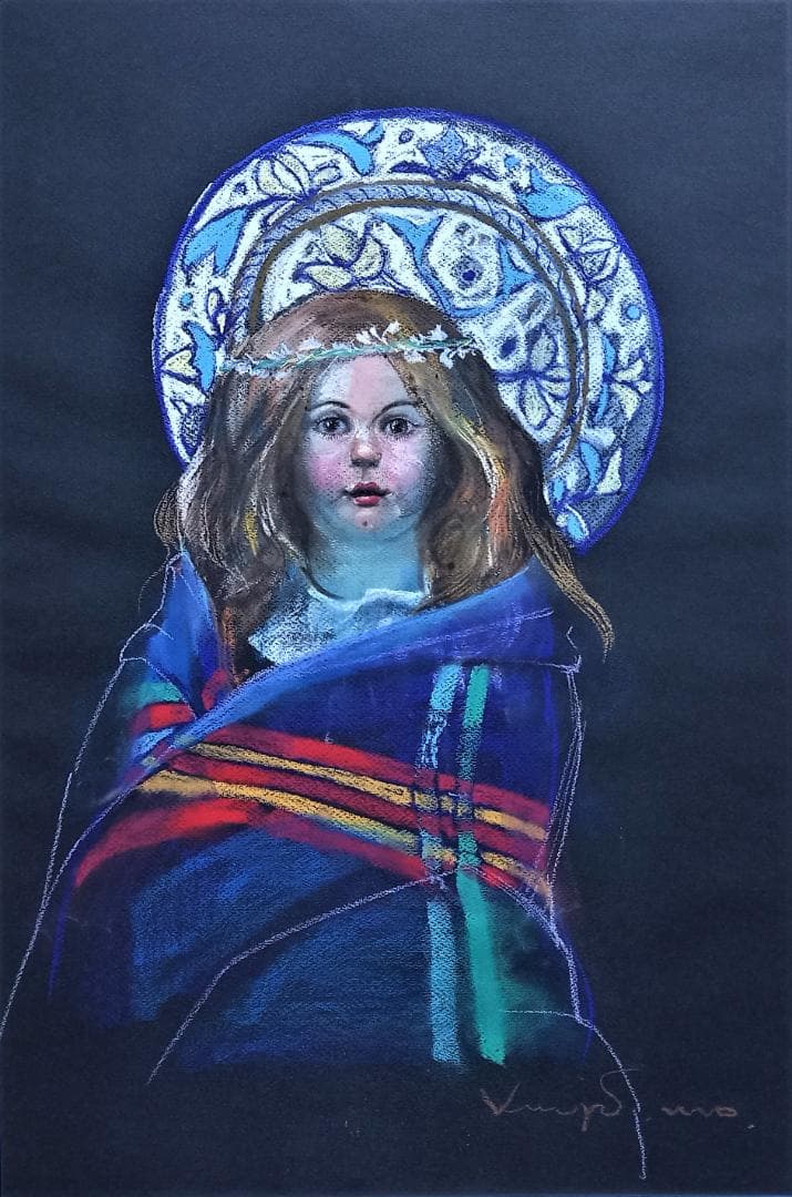 外国人画家の作品　人形を描いたパステル画　実力ある画家の大型サイズの絵