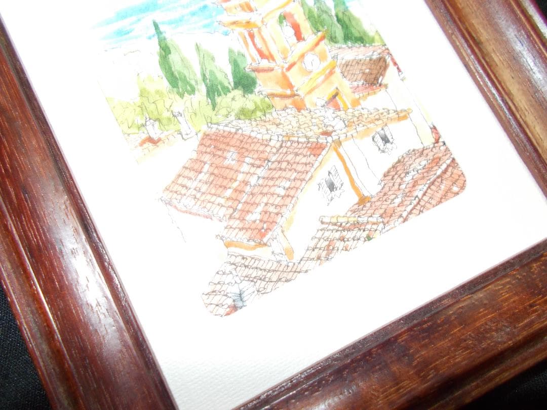 絵　手描き　コートダジュールの教会　オリジナル