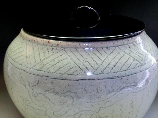 水指■英作 龍鳳繪 寿 阿曽窯 はなぎ 龍紋 漆器蓋 水さし 時代物 骨董品■