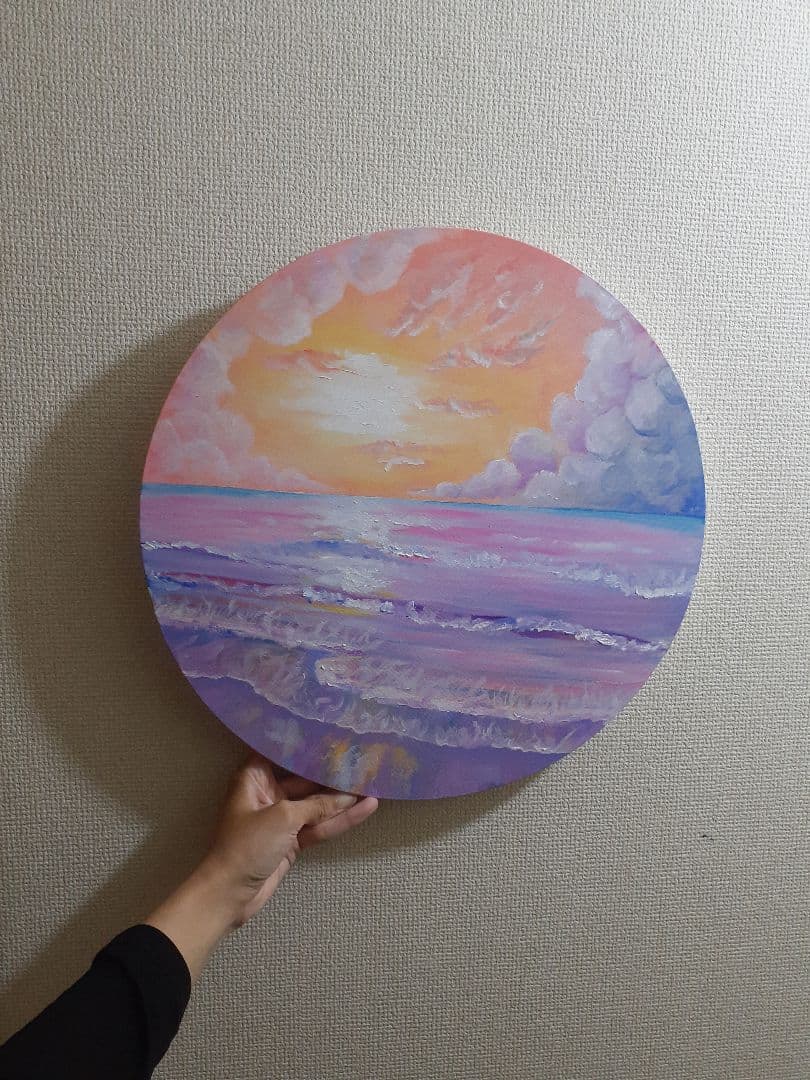 《素晴らしい日》油絵 油彩画 海 風景画 直径 40cm