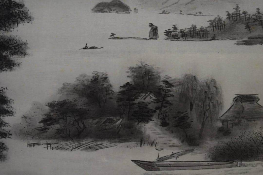 真作/晃珠/湖畔図/桐共箱付/布袋屋掛軸HE-986