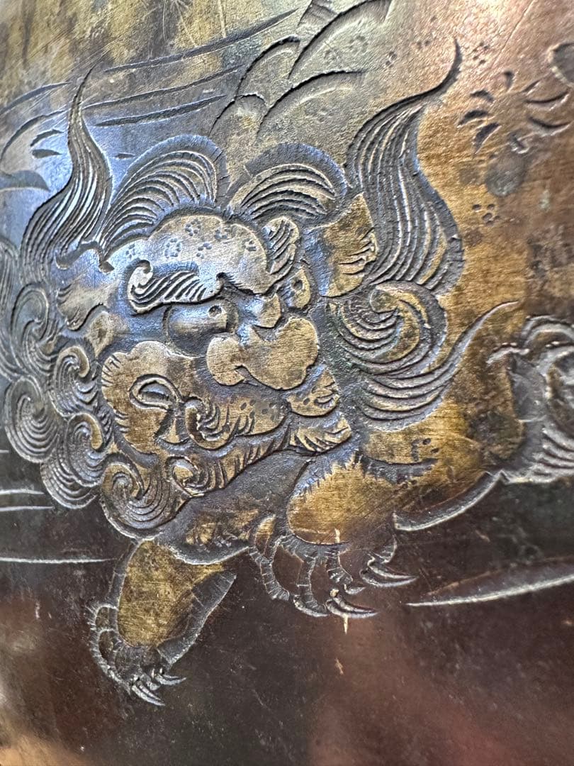 火鉢，銅製火鉢 ，唐獅子模様，金工，時代物，古董品