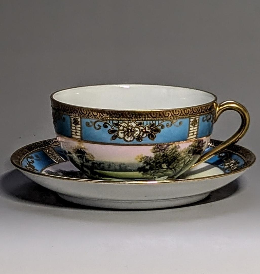 オールドノリタケ カップ＆ソーサー　金彩金盛上湖畔風景白鳥図 　　有名パターン