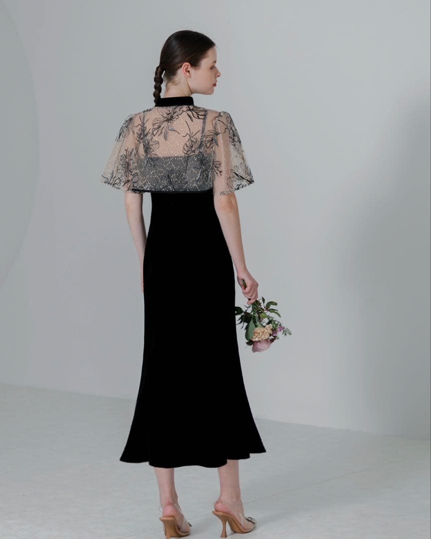 【LEJA】配色パイピング花柄刺繍ボレロ付きベロアマーメイドキャミワンピース