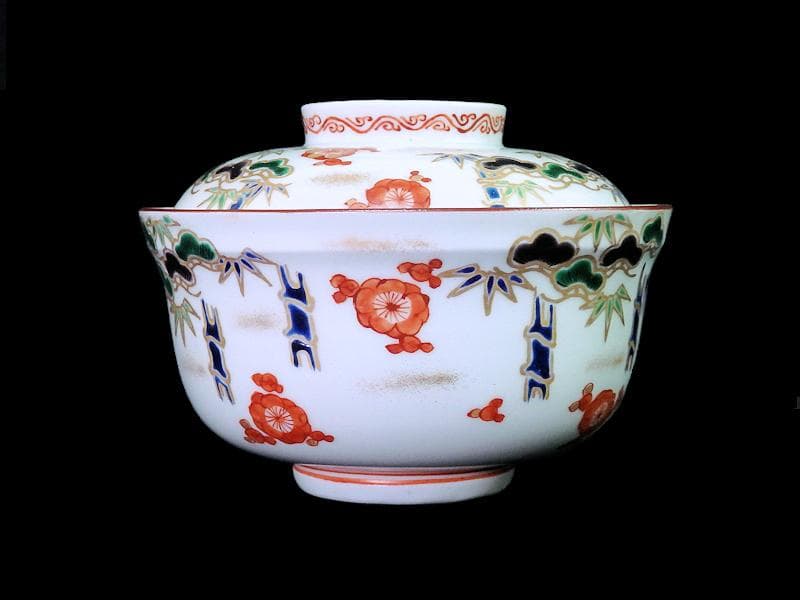 九谷　金襴手　松竹梅の図　大振蓋茶碗　２客　E938AS-CQx