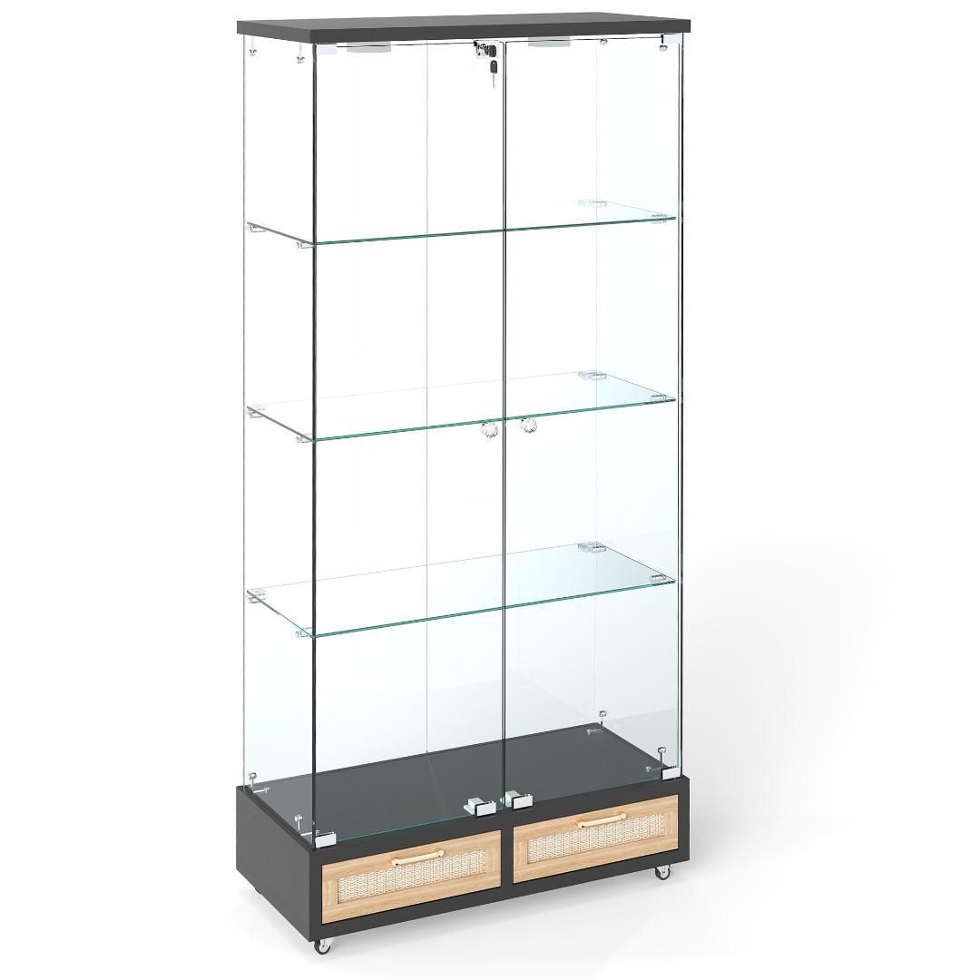 【ブラック+ナチュラル】LED・引出し付 ガラス収納キャビネット4段 両開ドア