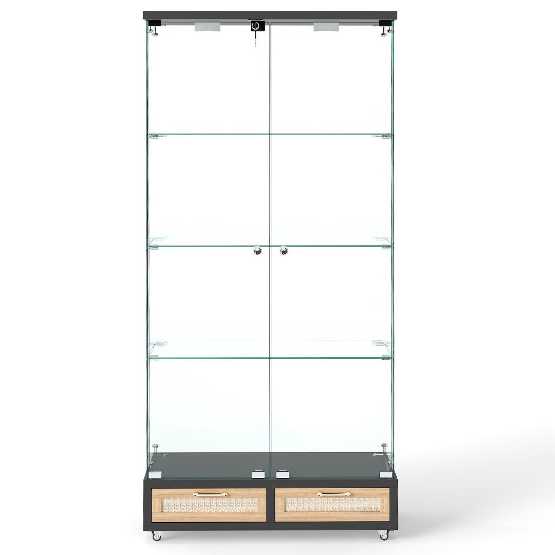 【ブラック+ナチュラル】LED・引出し付 ガラス収納キャビネット4段 両開ドア