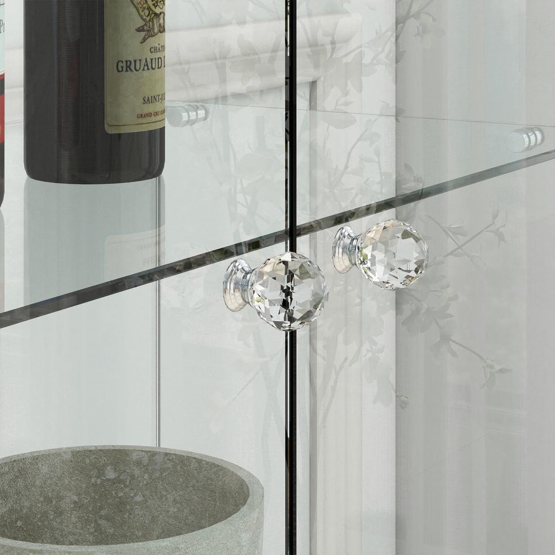 【ブラック+ナチュラル】LED・引出し付 ガラス収納キャビネット4段 両開ドア