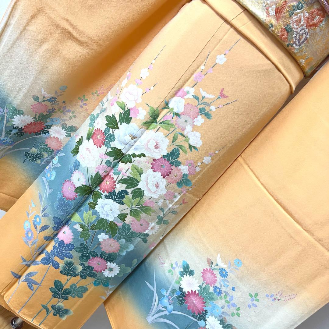 401 振袖フルセット 正絹 オレンジ 橙 友禅 作家物 暈し染め やまと誂え