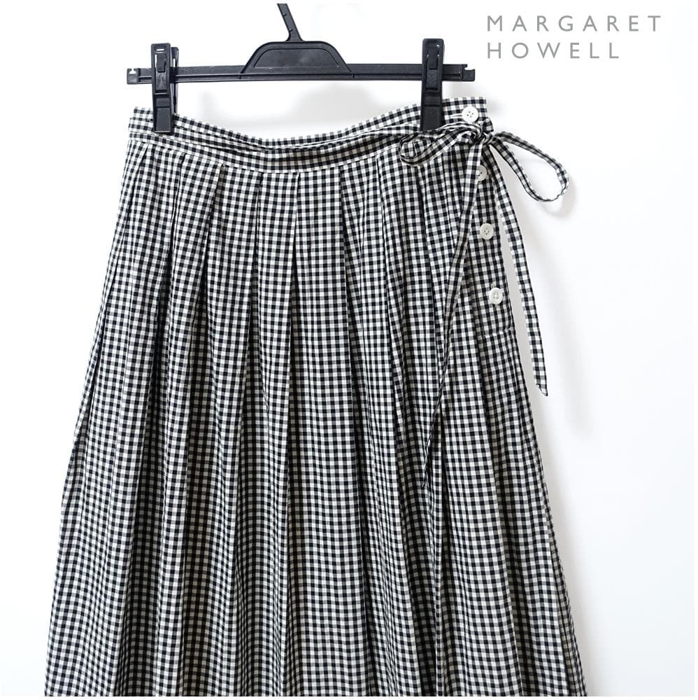 極美品*マーガレットハウエル*リボンベルト付 ギンガムチェック プリーツスカート