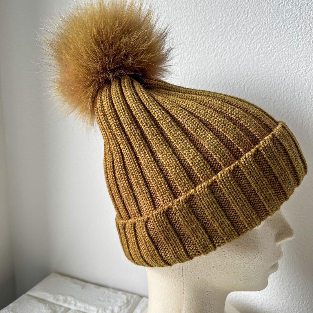 【美品】モンクレール　ニット帽　ブラウン ポンポン付き