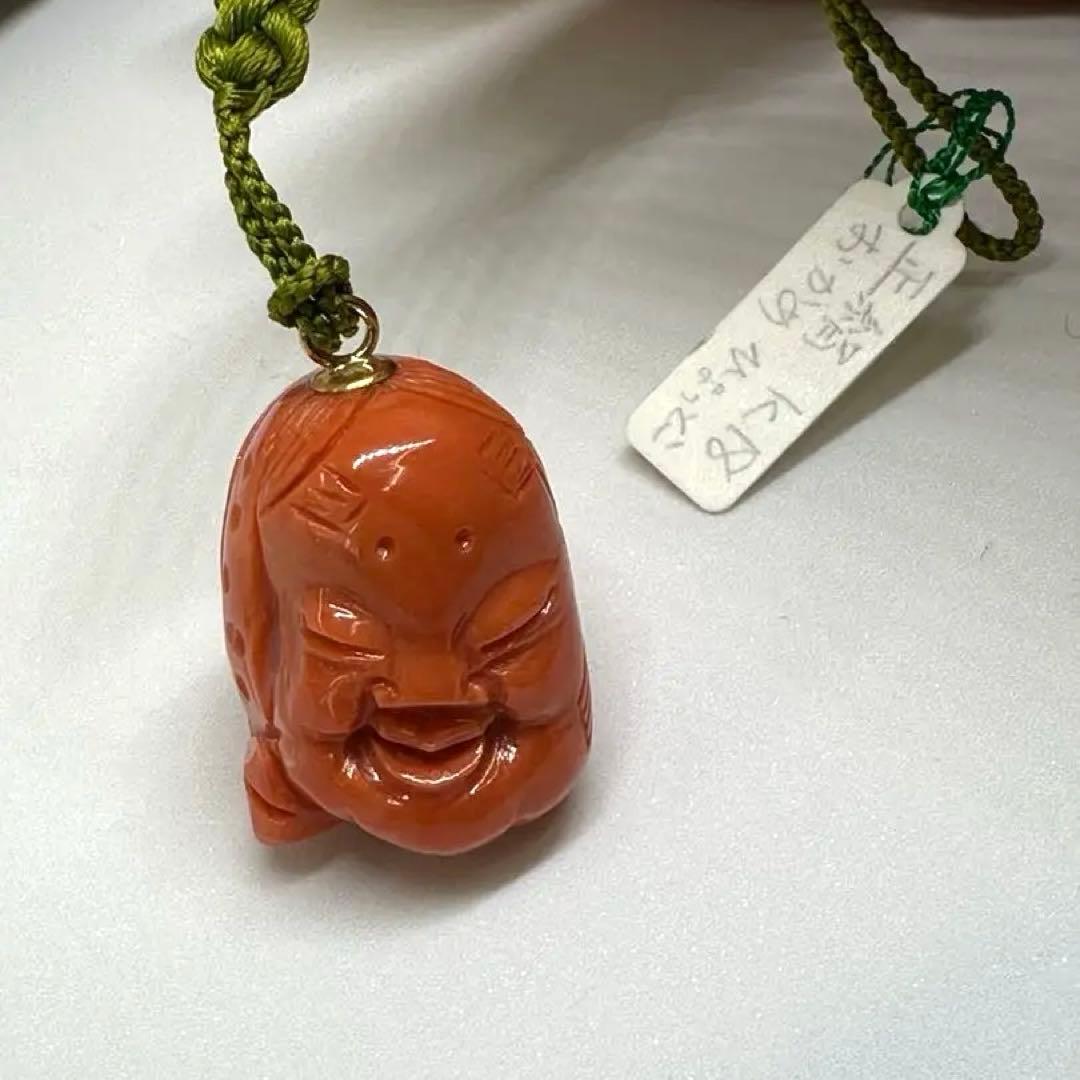 能面　天然珊瑚両面彫刻　おかめ　ひょっとこ　k18金