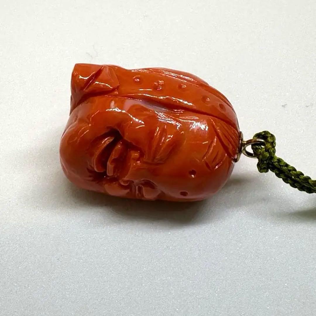 能面　天然珊瑚両面彫刻　おかめ　ひょっとこ　k18金