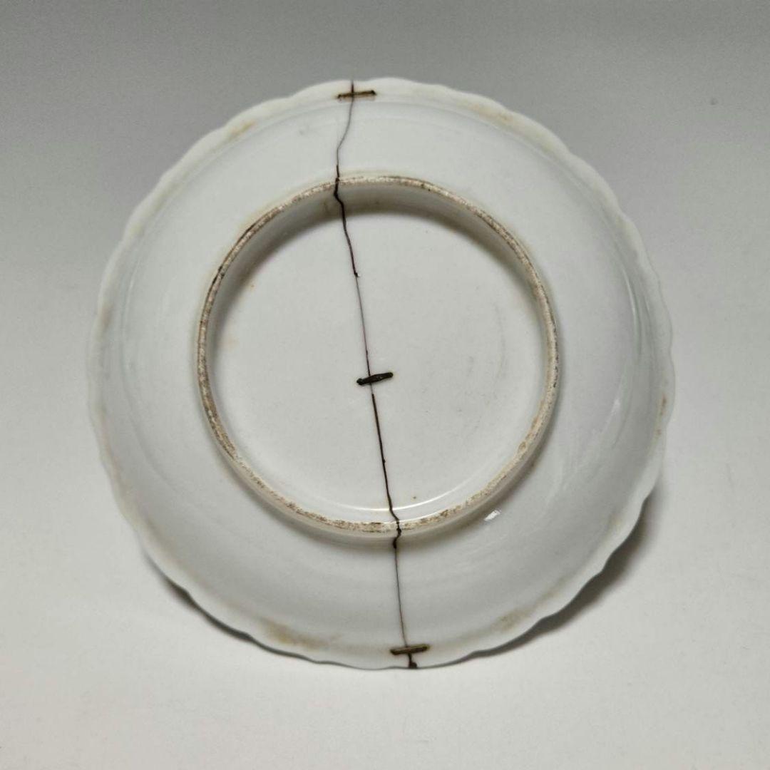 M-1256 明時代染付ザクロ紋様陽刻皿　鎹(かすがい)直し　希少　古染付