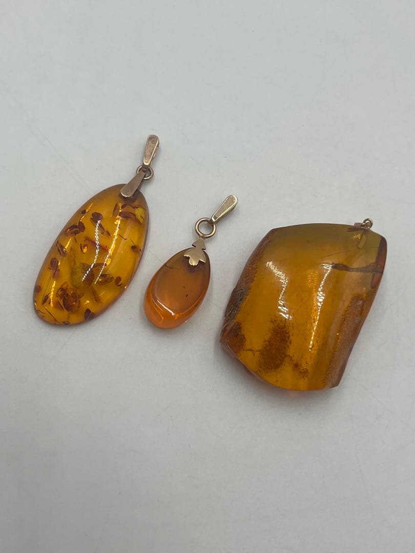 大粒　琥珀　ペンダントトップ　3点まとめ売り　K14 K18