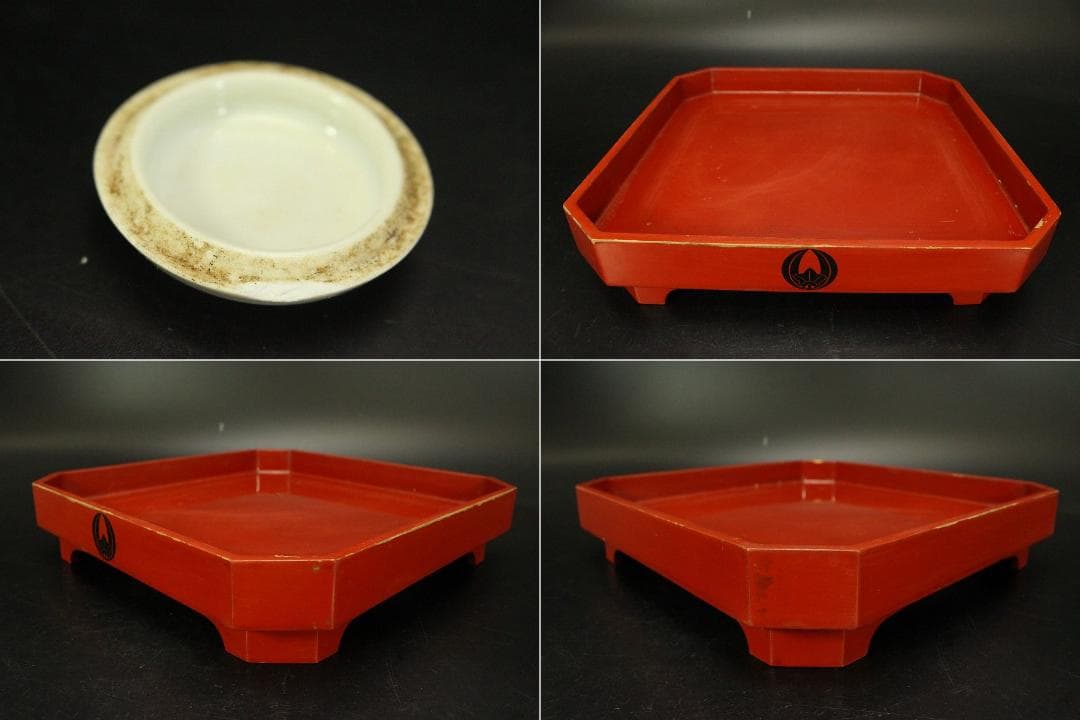 中国美術 色絵 女人紋 筆架 香合 六件 朱塗盆 文房四宝 まとめて(A726)