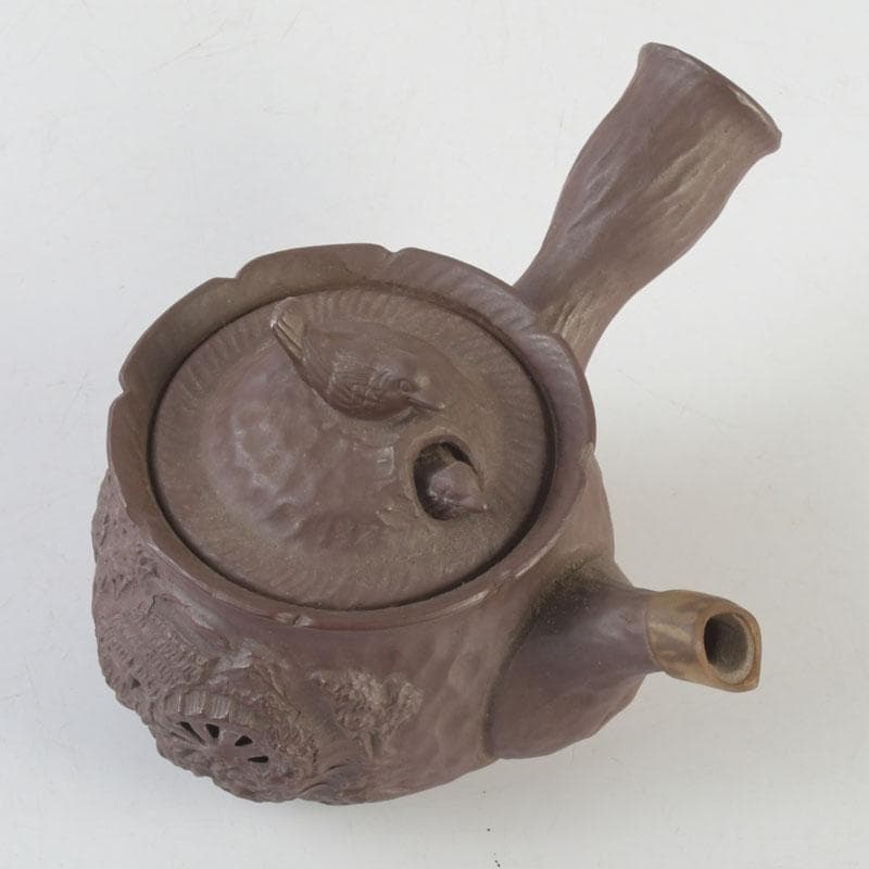 煎茶道具　萬古焼　英山造　紫砂　朱泥　鳥顔出　横手急須　V　9620