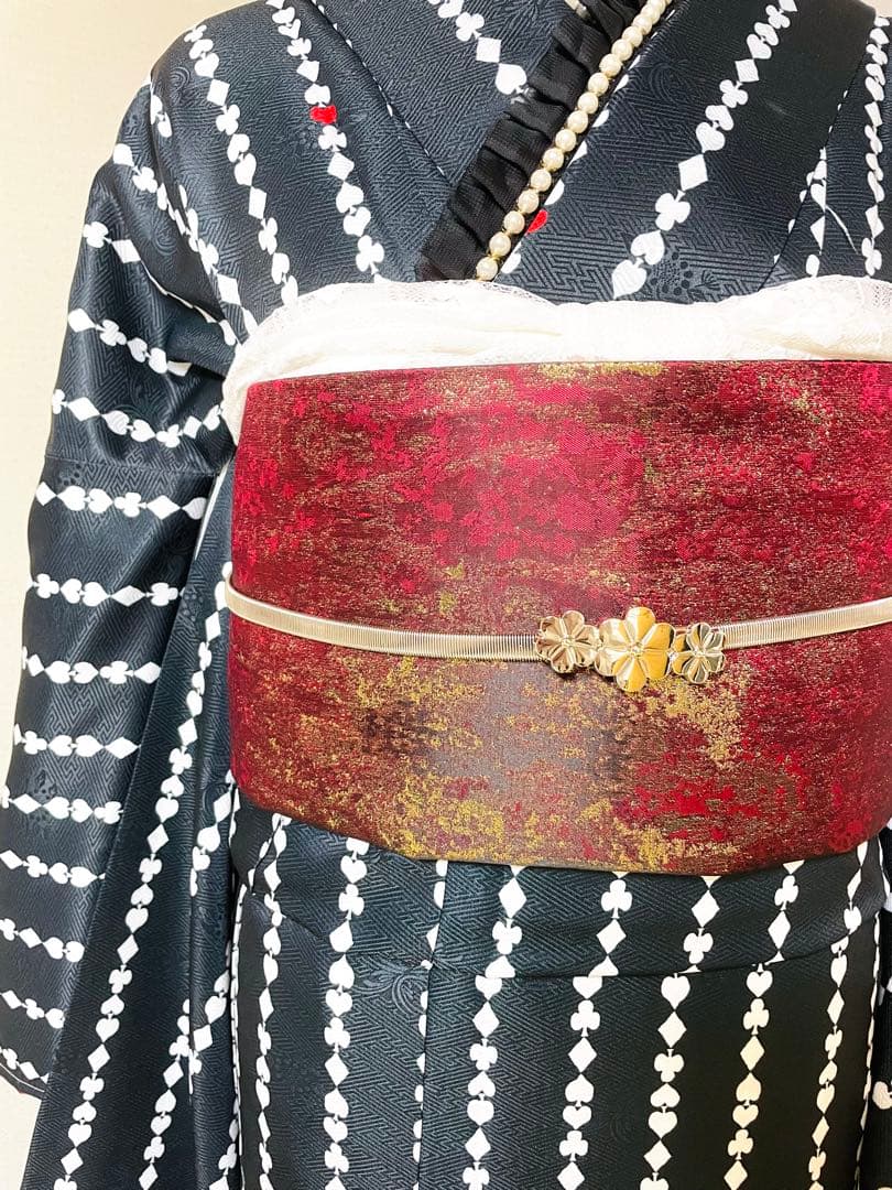 振袖 黒地 着物 袷 洗える 新品 未使用 ブラック おしゃれ 縦縞 トランプ