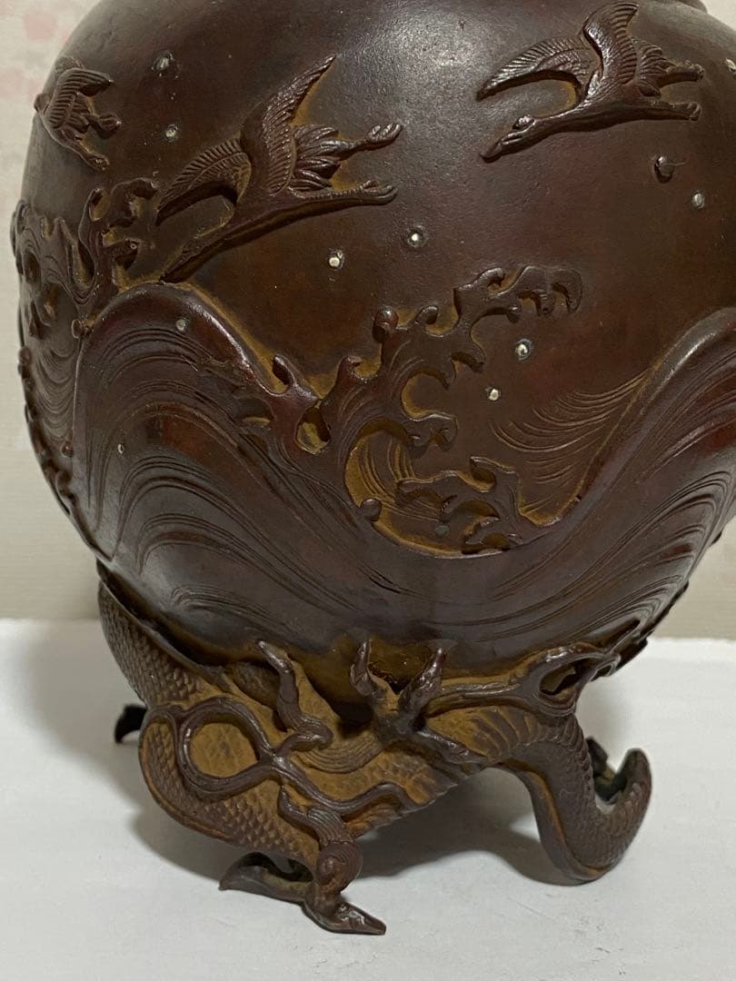 ♦蝋型細密鋳金 象嵌 波乗り兎 波千鳥文 波乗り龍足 香炉 唐金 美術品 骨董品