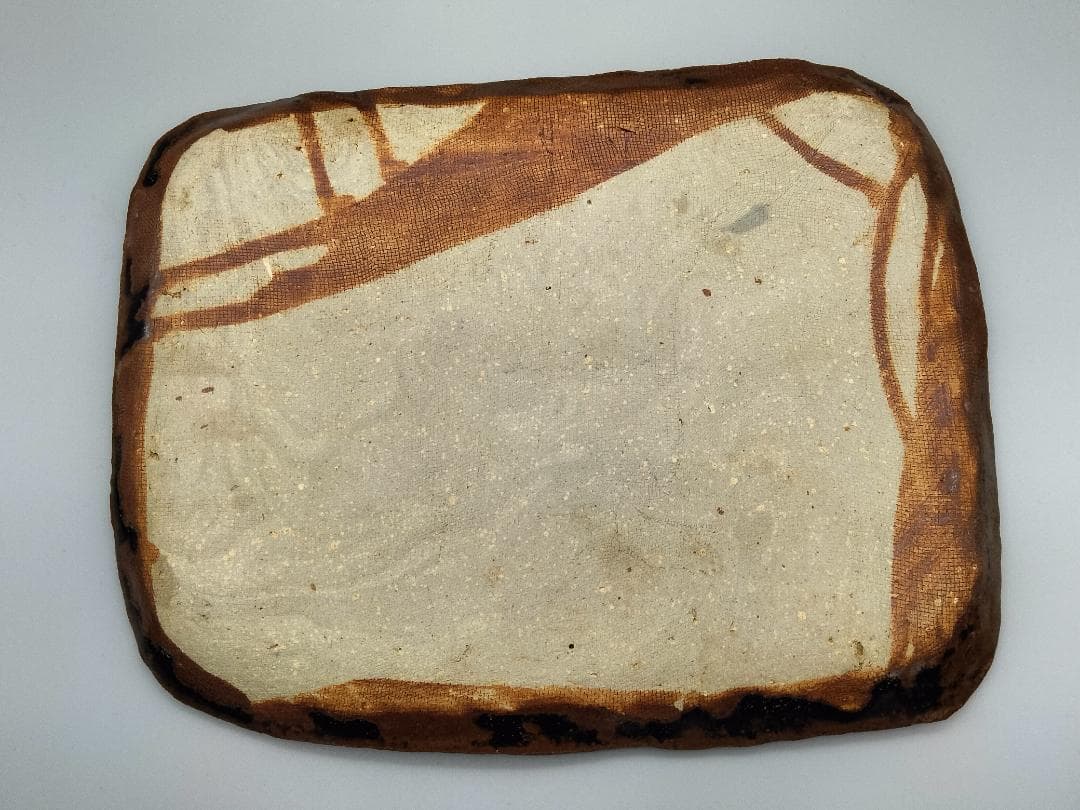 濱田庄司作「ハ(写真 no.5)」銘　柿釉鉄釉流描尺角皿　人間国宝　文化勲章受章