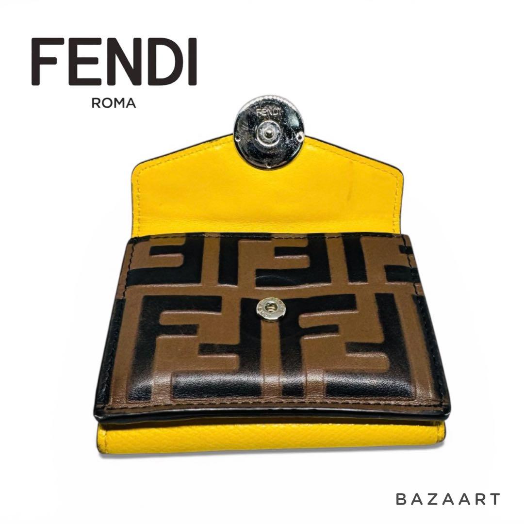 FENDI フェンディ 三つ折り財布 レザー ズッカ 黄色 イエロー ブラウン