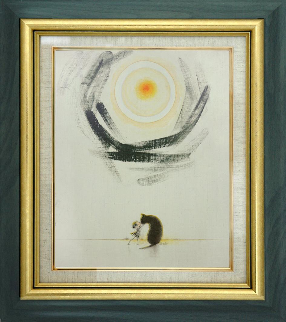 油絵 菅家令子絵 絵画インテリア額付(青緑＋金色の枠)F3-092018犬猫女子