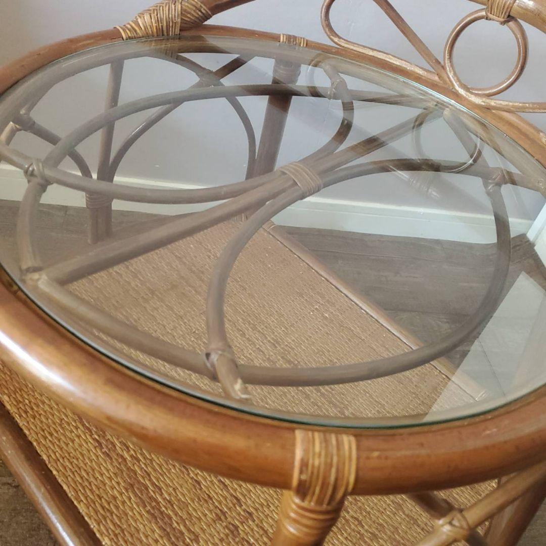 ラタン 円形 ガラステーブル 籐 レトロ アンティーク キャスター付き