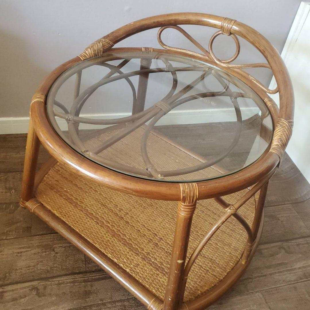 ラタン 円形 ガラステーブル 籐 レトロ アンティーク キャスター付き