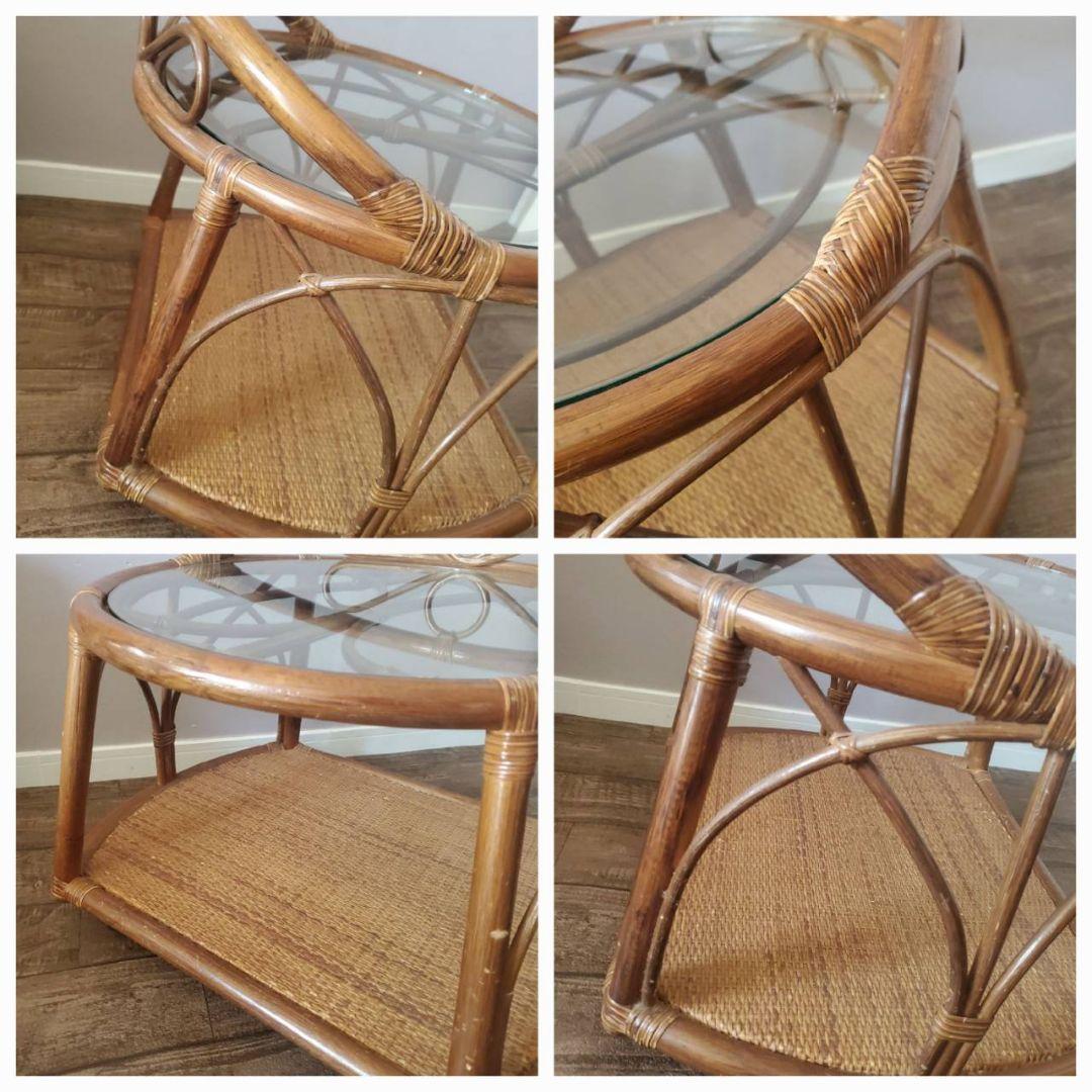 ラタン 円形 ガラステーブル 籐 レトロ アンティーク キャスター付き