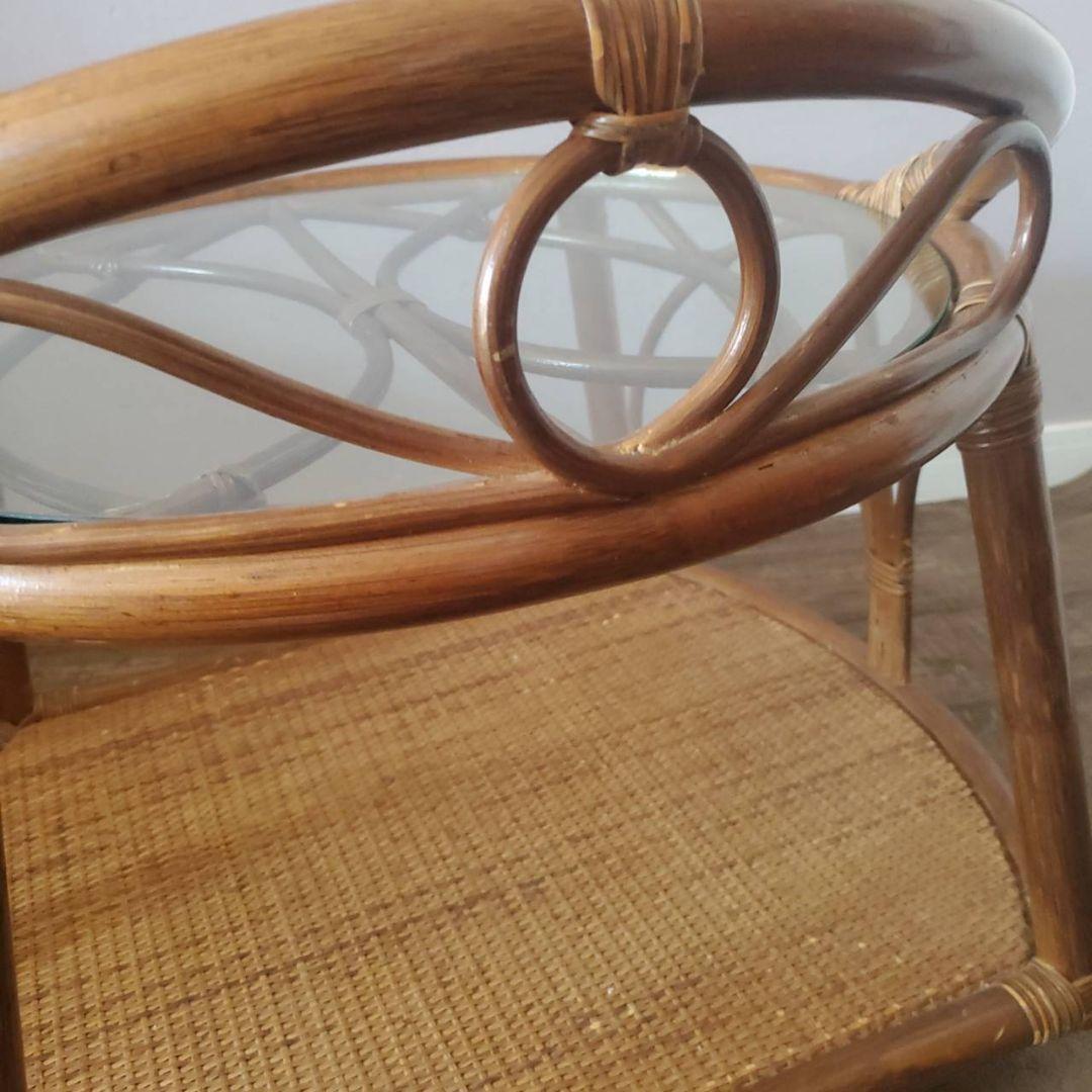 ラタン 円形 ガラステーブル 籐 レトロ アンティーク キャスター付き